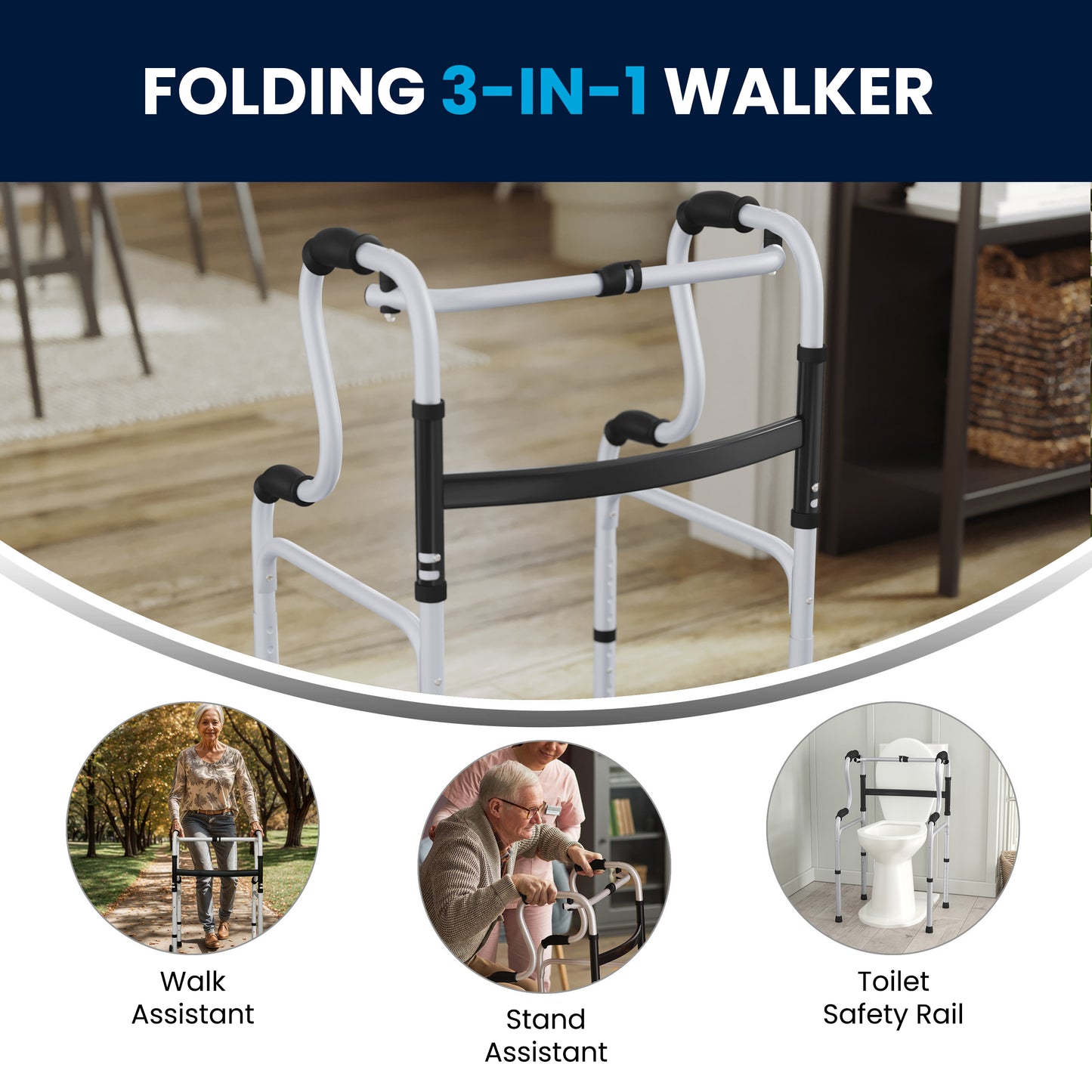 HERCULES Bi-Level Folding Walker with Adjustable Height, Interchangeable Wheels or Feet, Dual Frame Types, and Lightweight Design in Gray Black and Gray