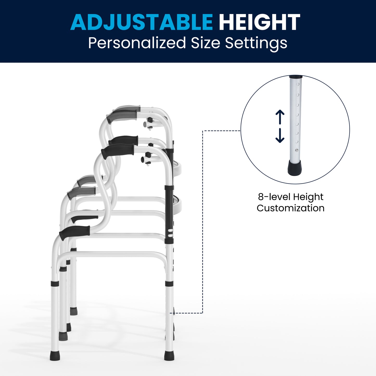 HERCULES Bi-Level Folding Walker with Adjustable Height, Interchangeable Wheels or Feet, Dual Frame Types, and Lightweight Design in Gray Black and Gray