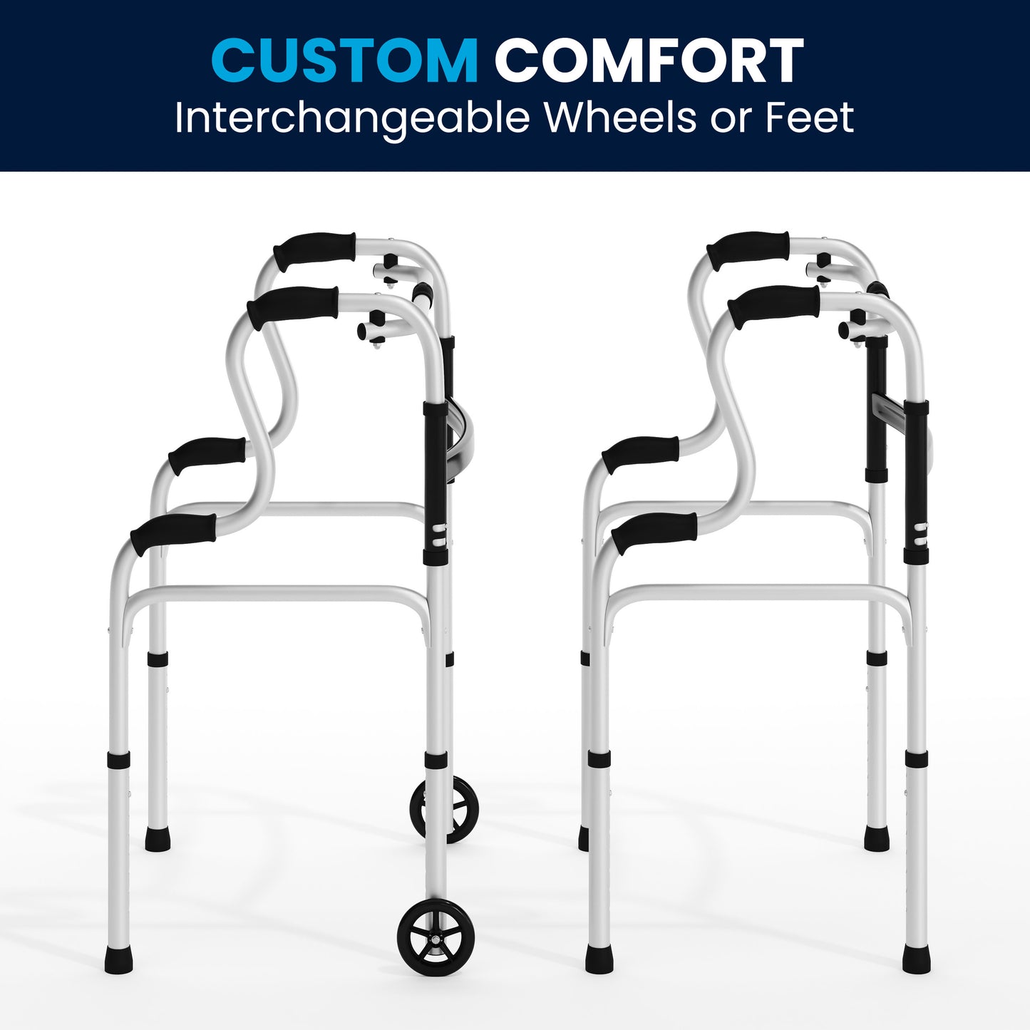 HERCULES Bi-Level Folding Walker with Adjustable Height, Interchangeable Wheels or Feet, Dual Frame Types, and Lightweight Design in Gray Black and Gray