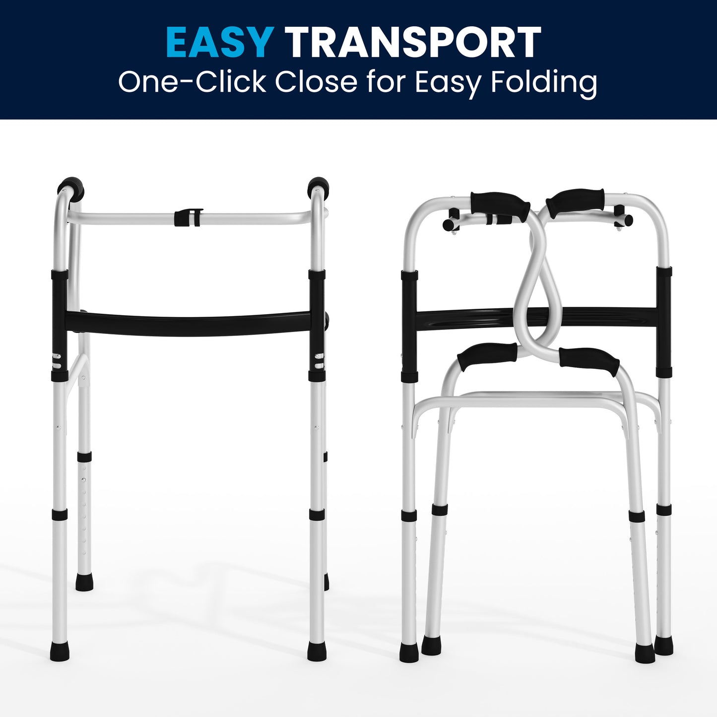 HERCULES Bi-Level Folding Walker with Adjustable Height, Interchangeable Wheels or Feet, Dual Frame Types, and Lightweight Design in Gray Black and Gray