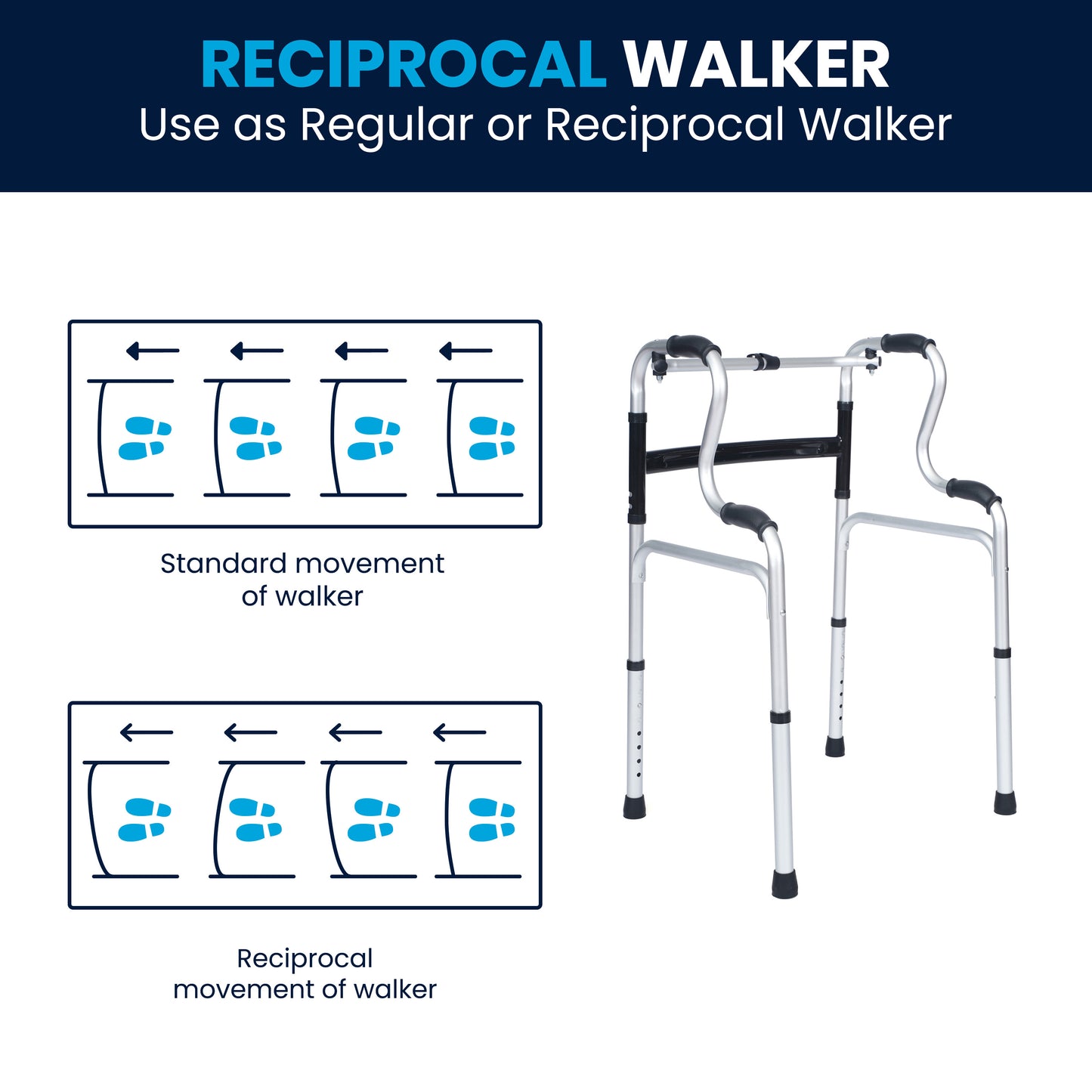 HERCULES Bi-Level Folding Walker with Adjustable Height, Interchangeable Wheels or Feet, Dual Frame Types, and Lightweight Design in Gray Black and Gray