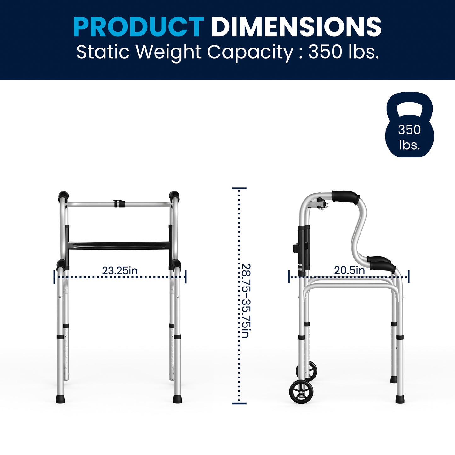HERCULES Bi-Level Folding Walker with Adjustable Height, Interchangeable Wheels or Feet, Dual Frame Types, and Lightweight Design in Gray Black and Gray
