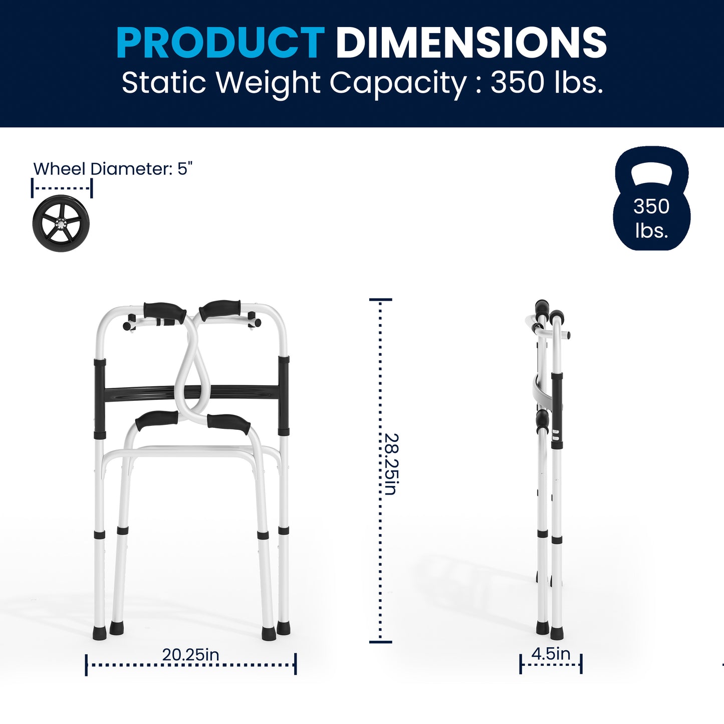 HERCULES Bi-Level Folding Walker with Adjustable Height, Interchangeable Wheels or Feet, Dual Frame Types, and Lightweight Design in Gray Black and Gray