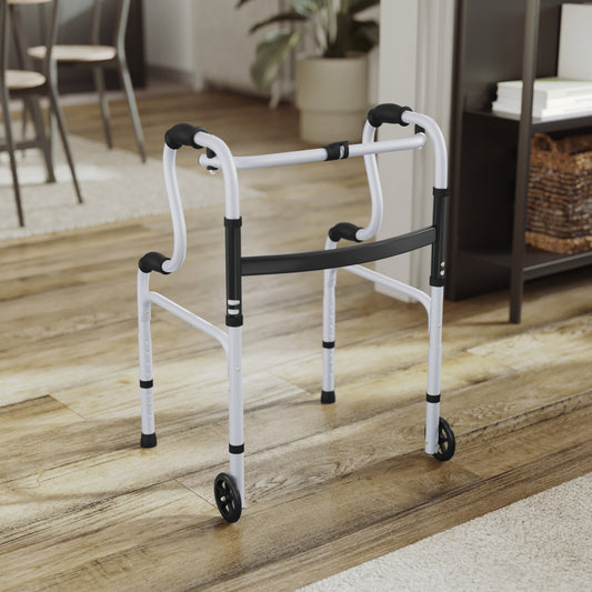 HERCULES Bi-Level Folding Walker with Adjustable Height, Interchangeable Wheels or Feet, Dual Frame Types, and Lightweight Design in Gray Black and Gray