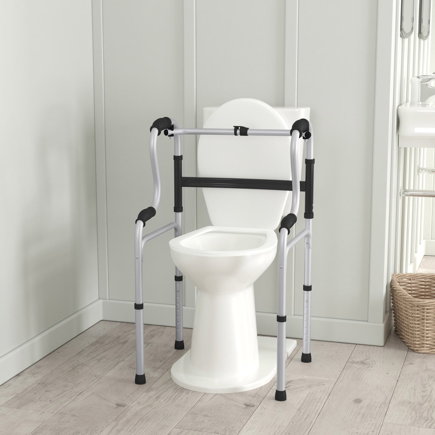 HERCULES Bi-Level Folding Walker with Adjustable Height, Interchangeable Wheels or Feet, Dual Frame Types, and Lightweight Design in Gray Black and Gray