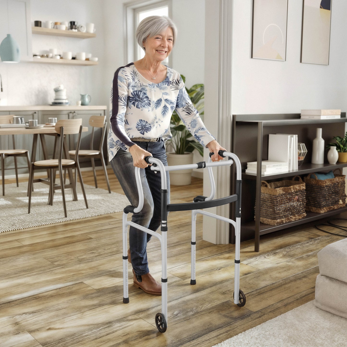 HERCULES Bi-Level Folding Walker with Adjustable Height, Interchangeable Wheels or Feet, Dual Frame Types, and Lightweight Design in Gray Black and Gray
