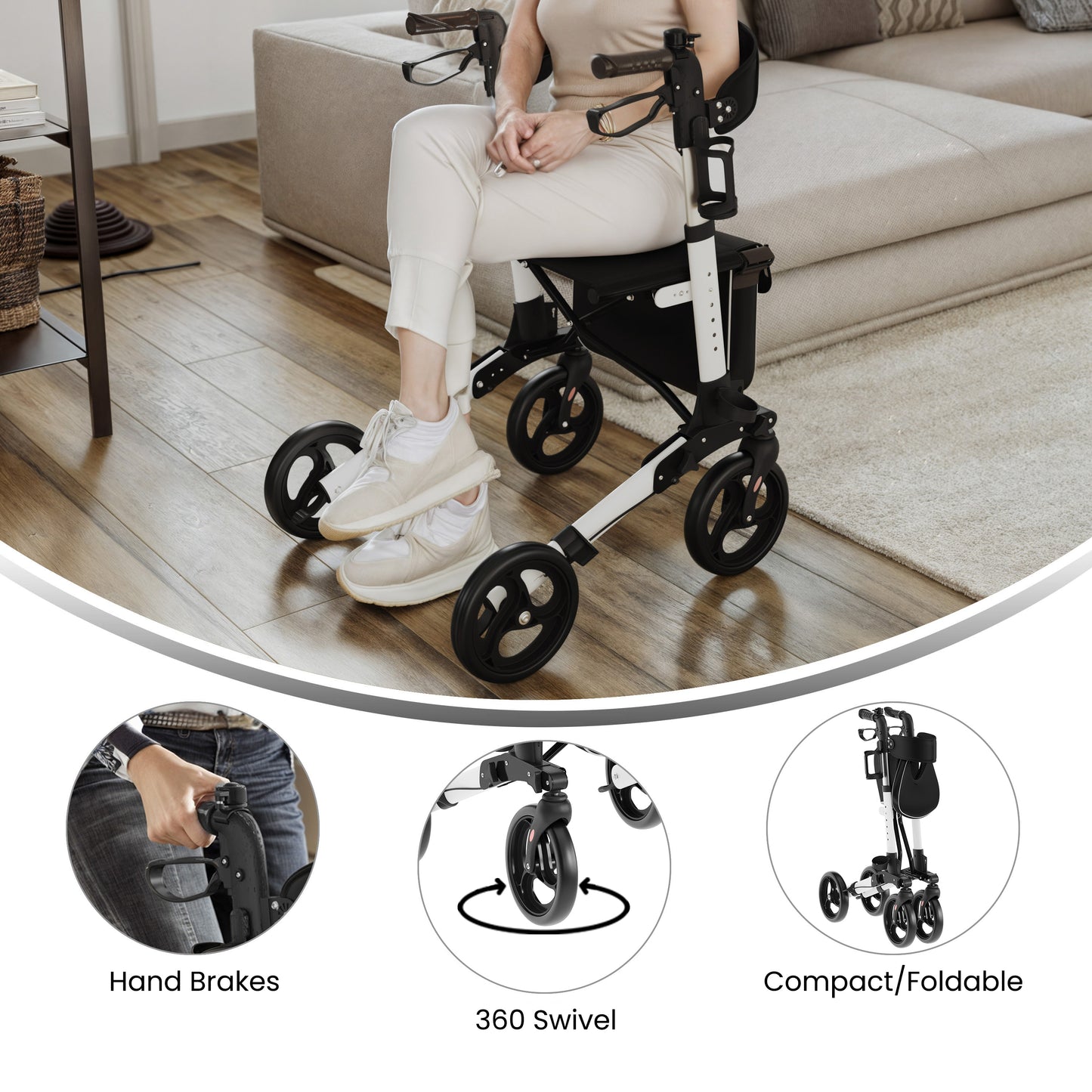 HERCULES Folding Rollator Walker with Adjustable Height, 360 Swivel, and Hand Brakes in White/Black White and Black