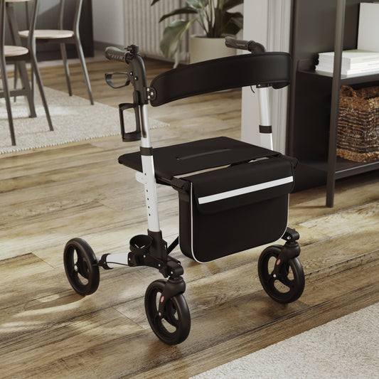HERCULES Folding Rollator Walker with Adjustable Height, 360 Swivel, and Hand Brakes in White/Black White and Black