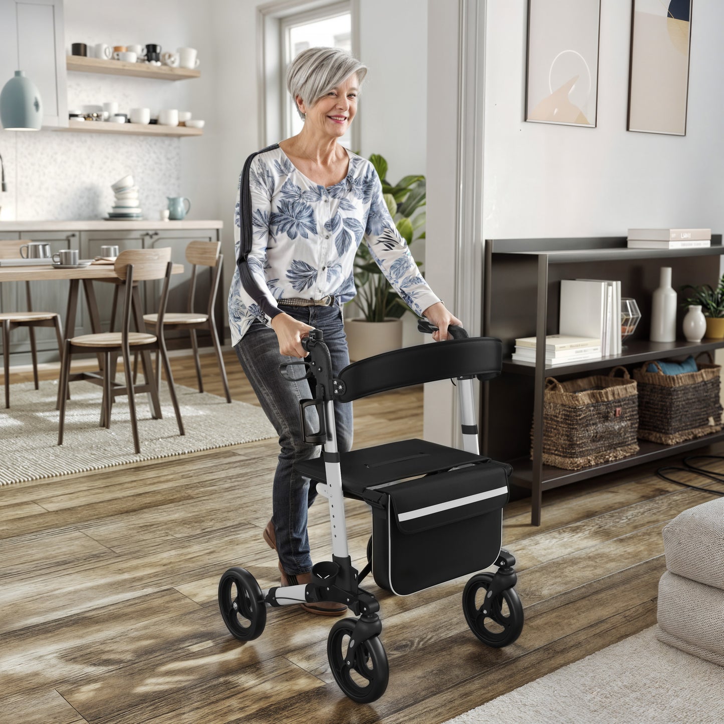 HERCULES Folding Rollator Walker with Adjustable Height, 360 Swivel, and Hand Brakes in White/Black White and Black