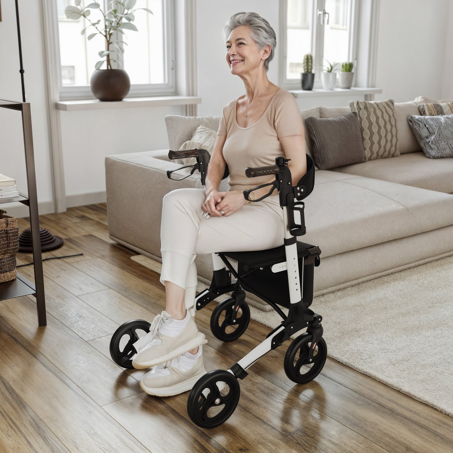 HERCULES Folding Rollator Walker with Adjustable Height, 360 Swivel, and Hand Brakes in White/Black White and Black