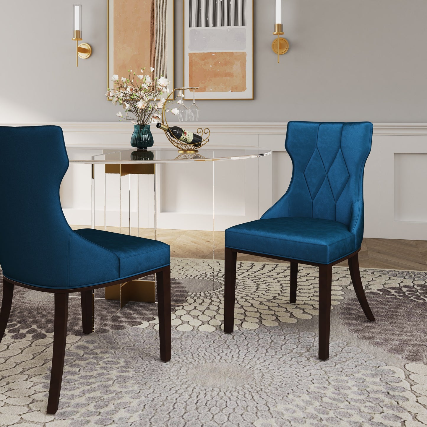 Reine Traditional Wood Upholstered Dining Chair in Cobalt Blue - Set of 2 DC007-CB