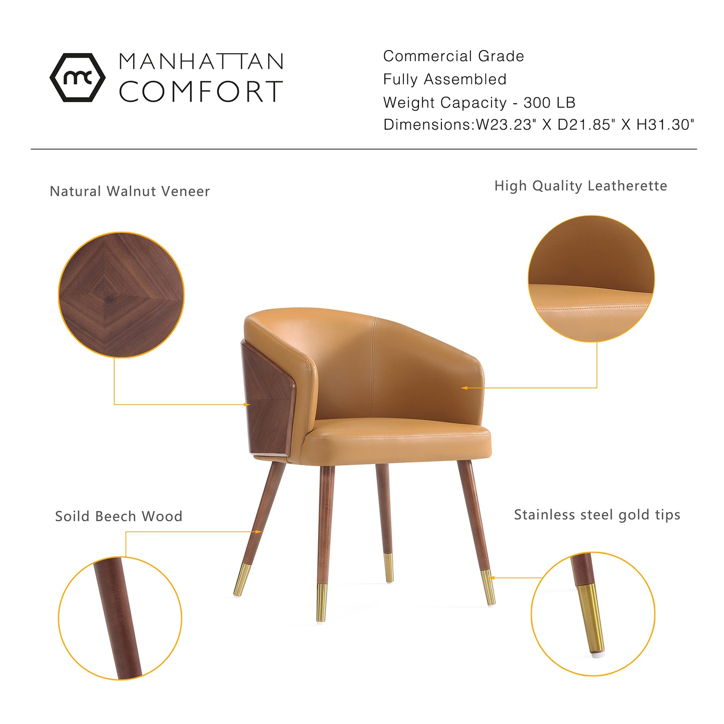 Reeva Modern Wood Vegan Leather Dining Chair in Camel DC082-CL