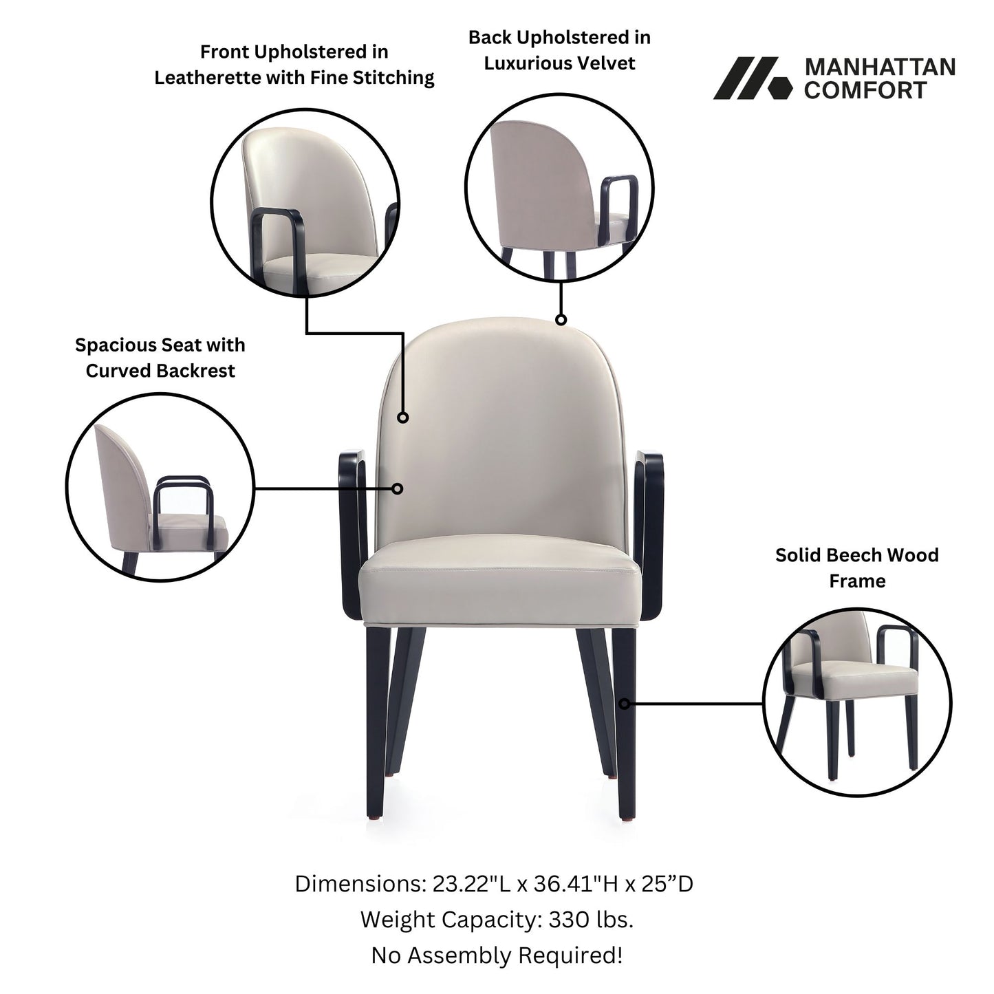 Manhattan Comfort Hillman Modern Leatherette and Velvet Upholstered Dining Arm Chair in Light Grey DC087AR-LG