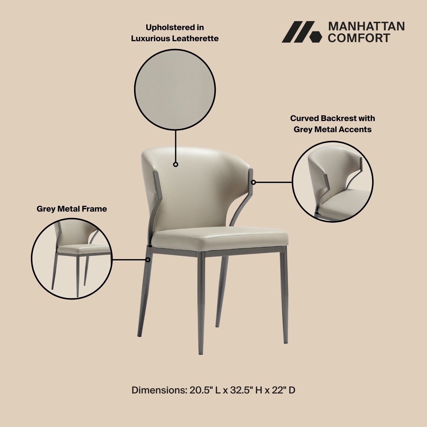 Kirsten Modern Metal Vegan Leather Dining Chair in Light Gray - Set of 2 DC098-LG