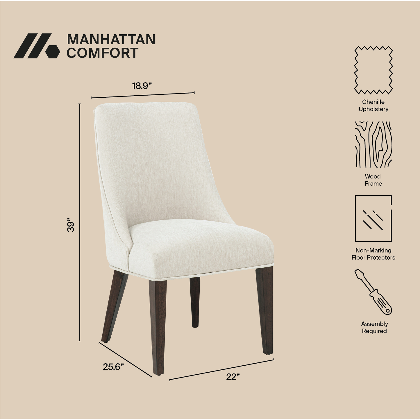 Beever Modern Wood Chenille Dining Chair in Cream - Set of 2 DC103-CR