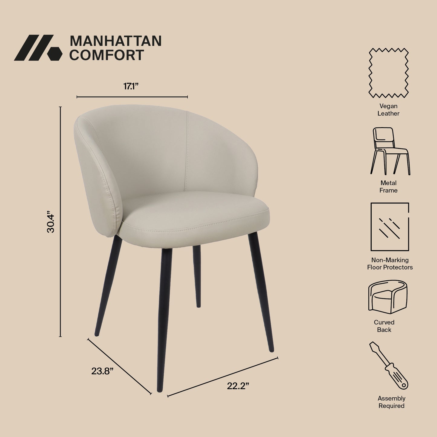 Looma Contemporary Modern Metal Vegan Leather Side Chair in Stone Gray - Set of 2 DC1530-1