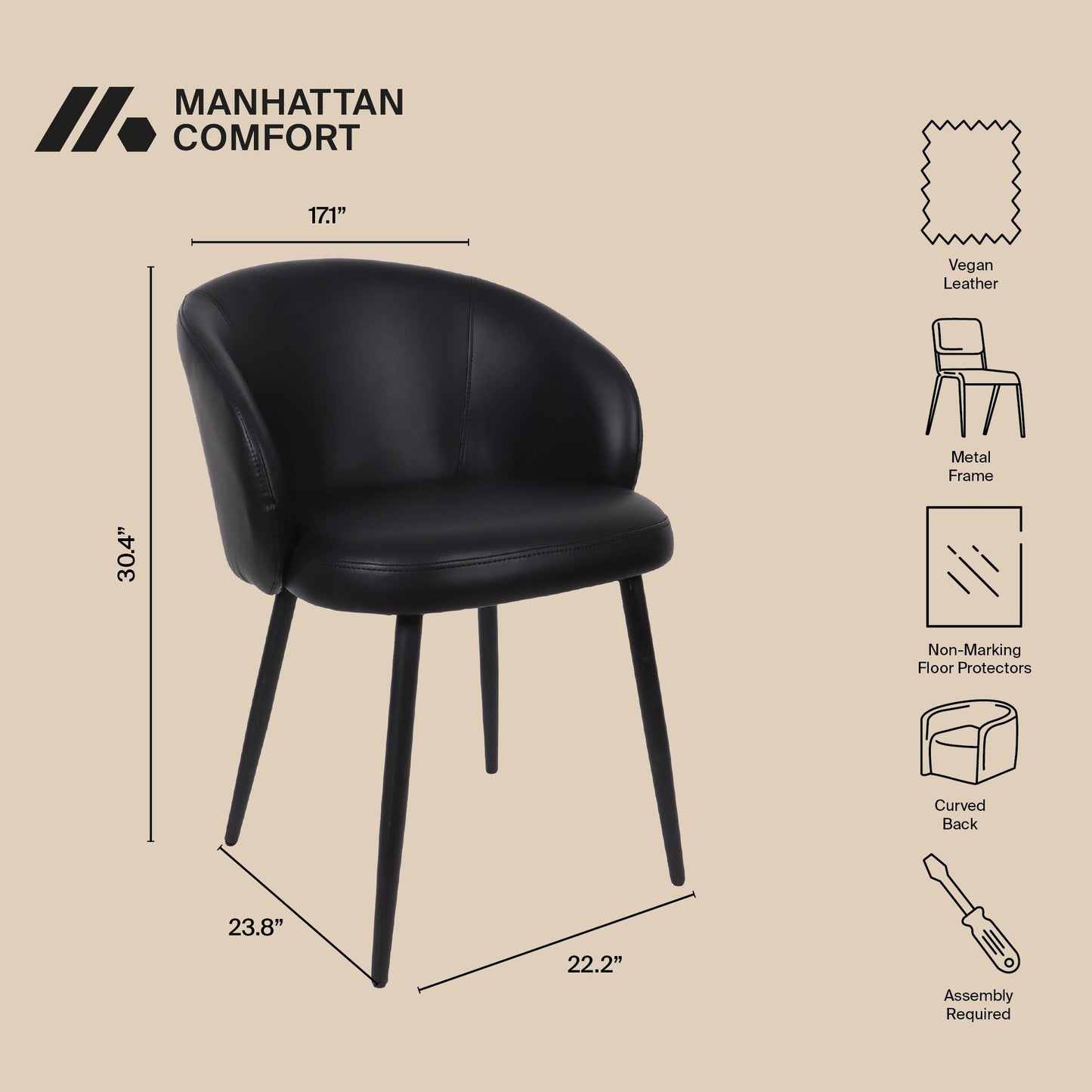 Looma Contemporary Modern Metal Vegan Leather Side Chair in Black - Set of 2 DC1530-2