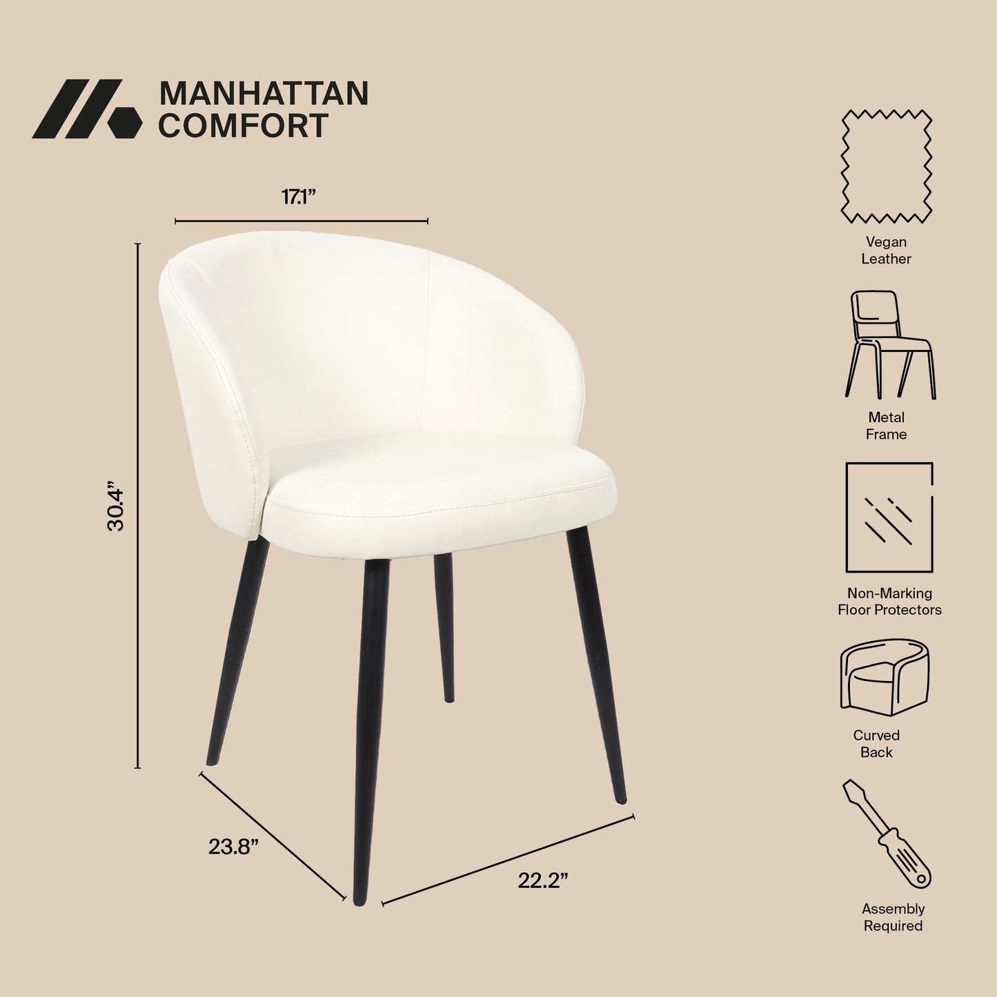 Looma Contemporary Modern Metal Vegan Leather Side Chair in Ivory - Set of 2 DC1530-3