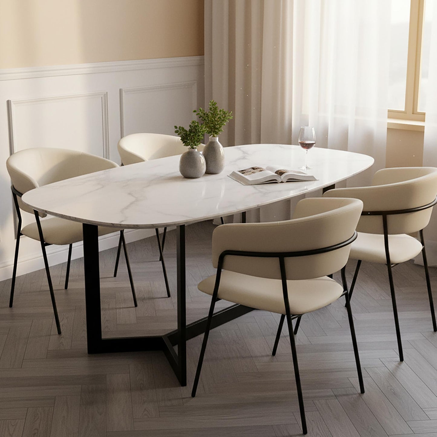Slate Contemporary Modern Metal Vegan Leather Armchair in Ivory - Set of 4 DC1531-3