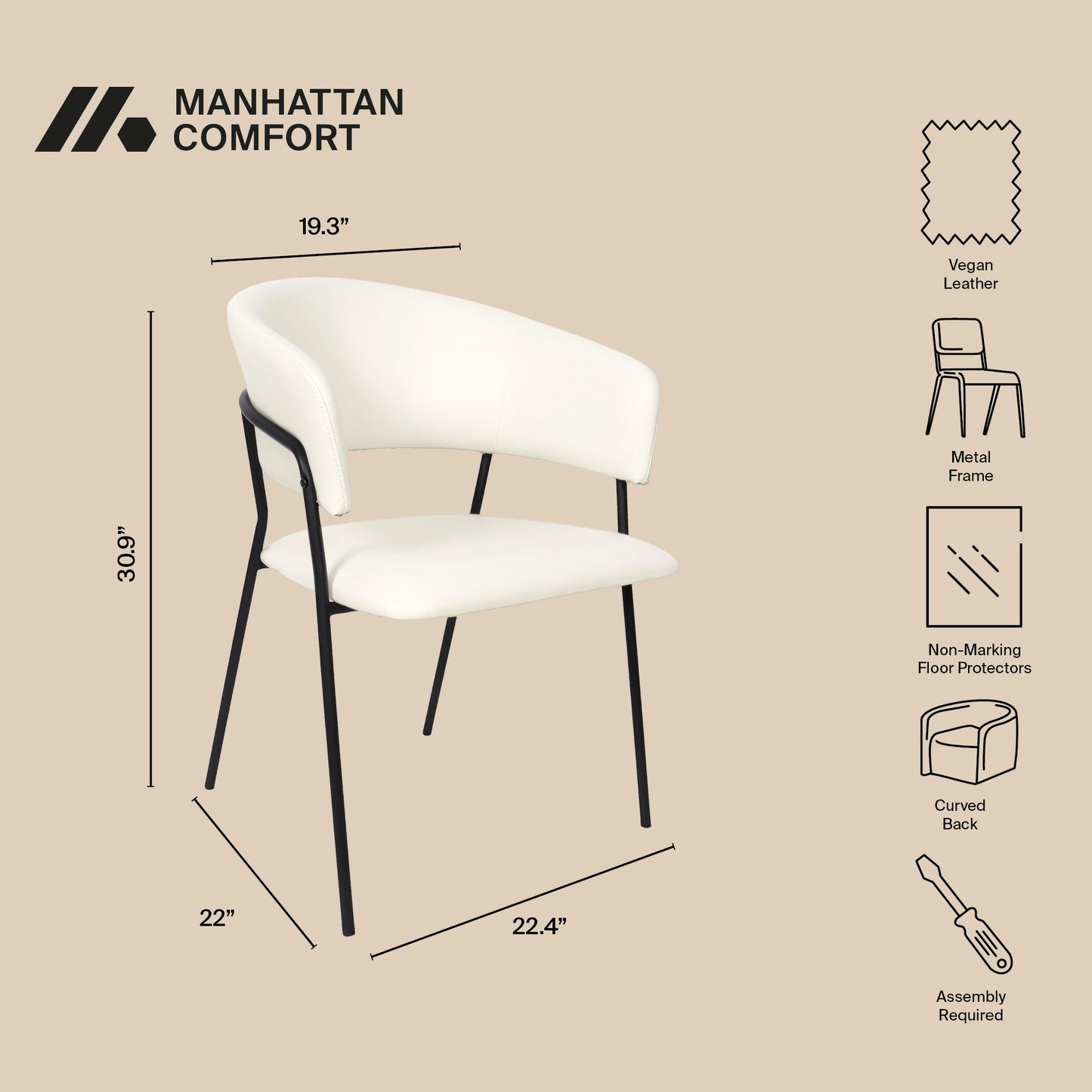 Slate Contemporary Modern Metal Vegan Leather Armchair in Ivory - Set of 4 DC1531-3