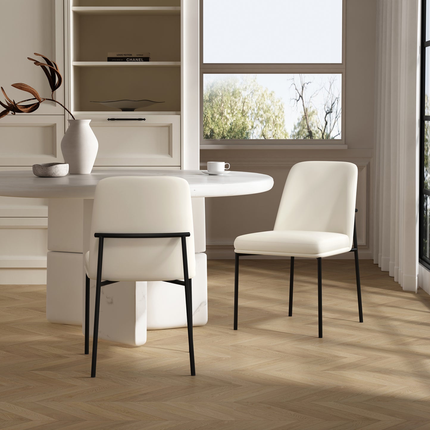 Loft Contemporary Metal Vegan Leather Side Chair in Ivory - Set of 2 DC1533-3