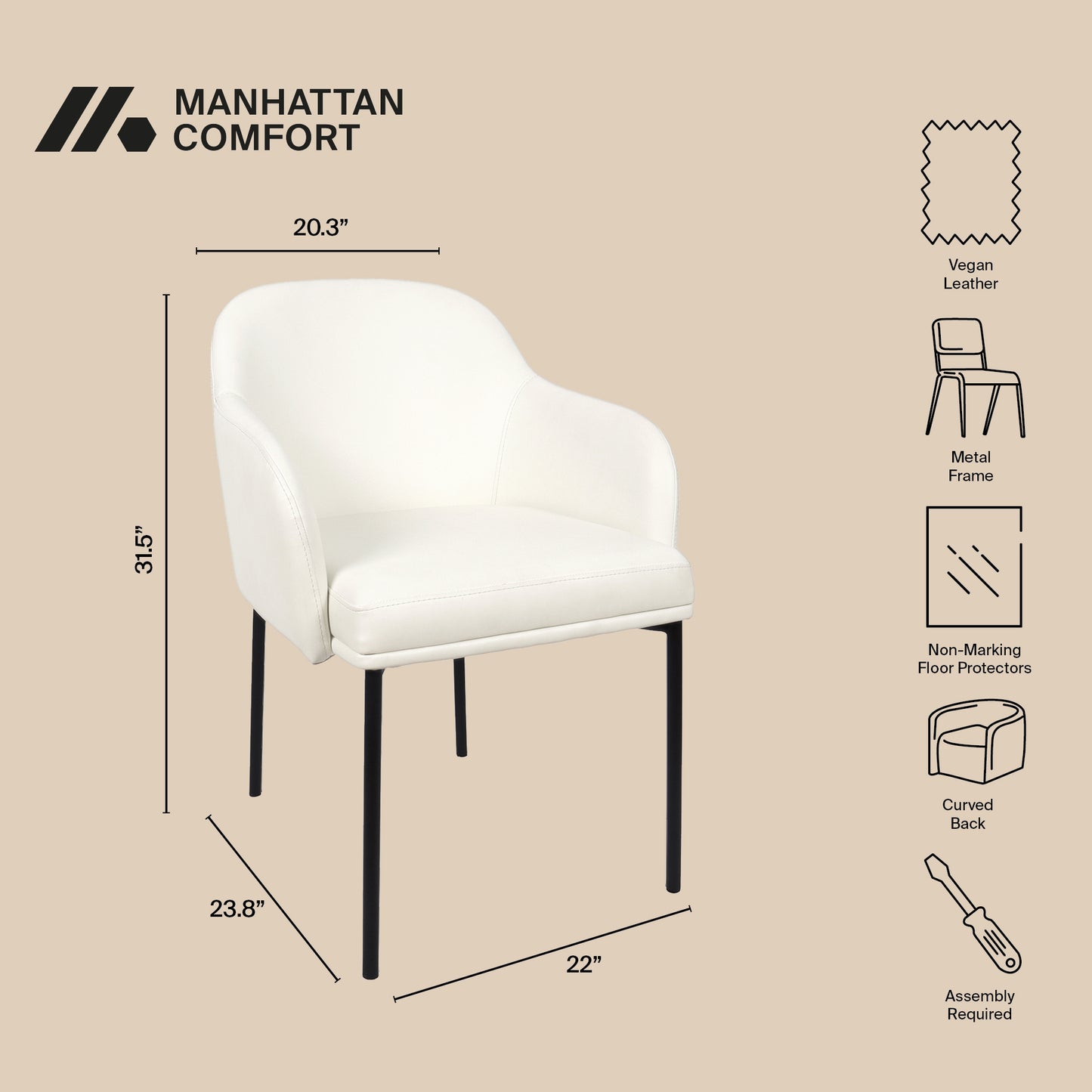 Loft Contemporary Metal Vegan Leather Armchair in Ivory - Set of 2 DC1535-3