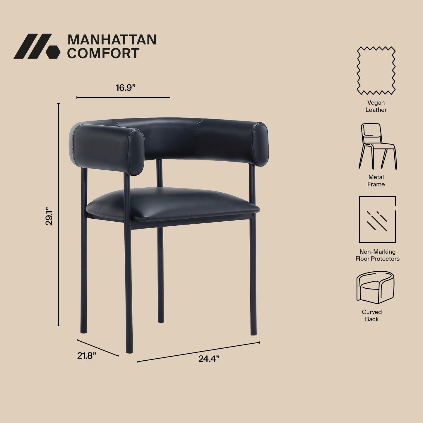 Onda Contemporary Metal Vegan Leather Dining Chair in Black DC1608-3