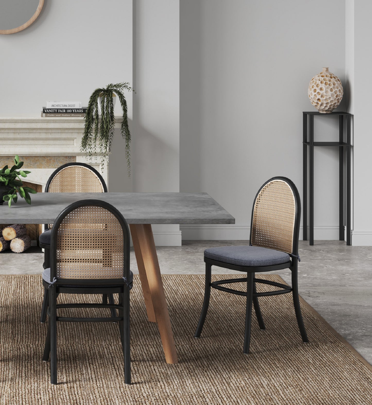 Paragon Industry Chic Cane Back Wood Upholstered Dining Chair in Black and Gray - Set of 2 DCCA05-GY