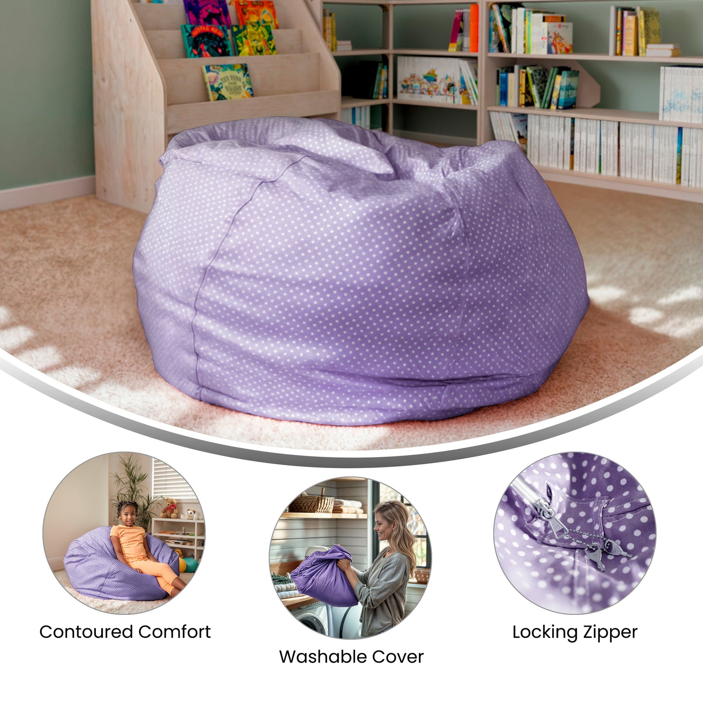 Duncan Oversized Lavender Dot Refillable Bean Bag Chair for All Ages Lavender Dot