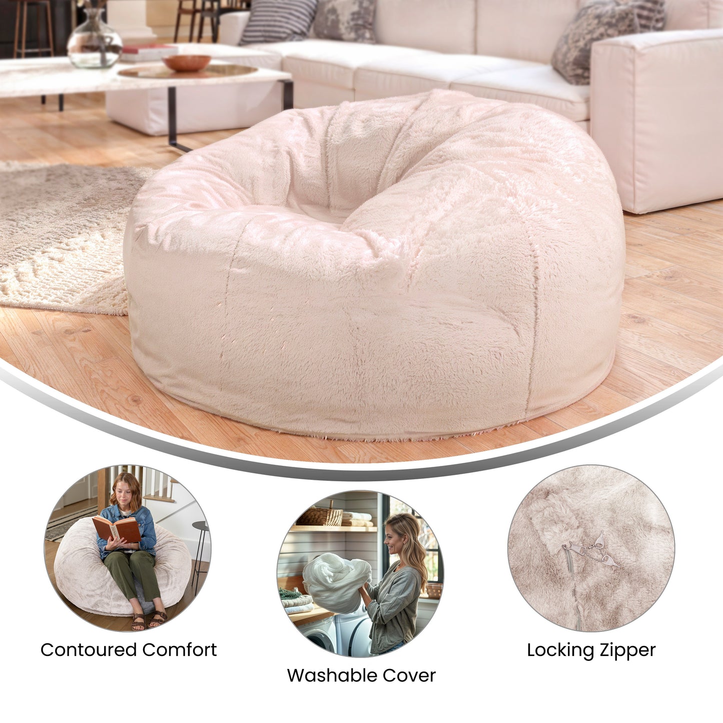 Duncan Oversized White Furry Refillable Bean Bag Chair for All Ages White Furry