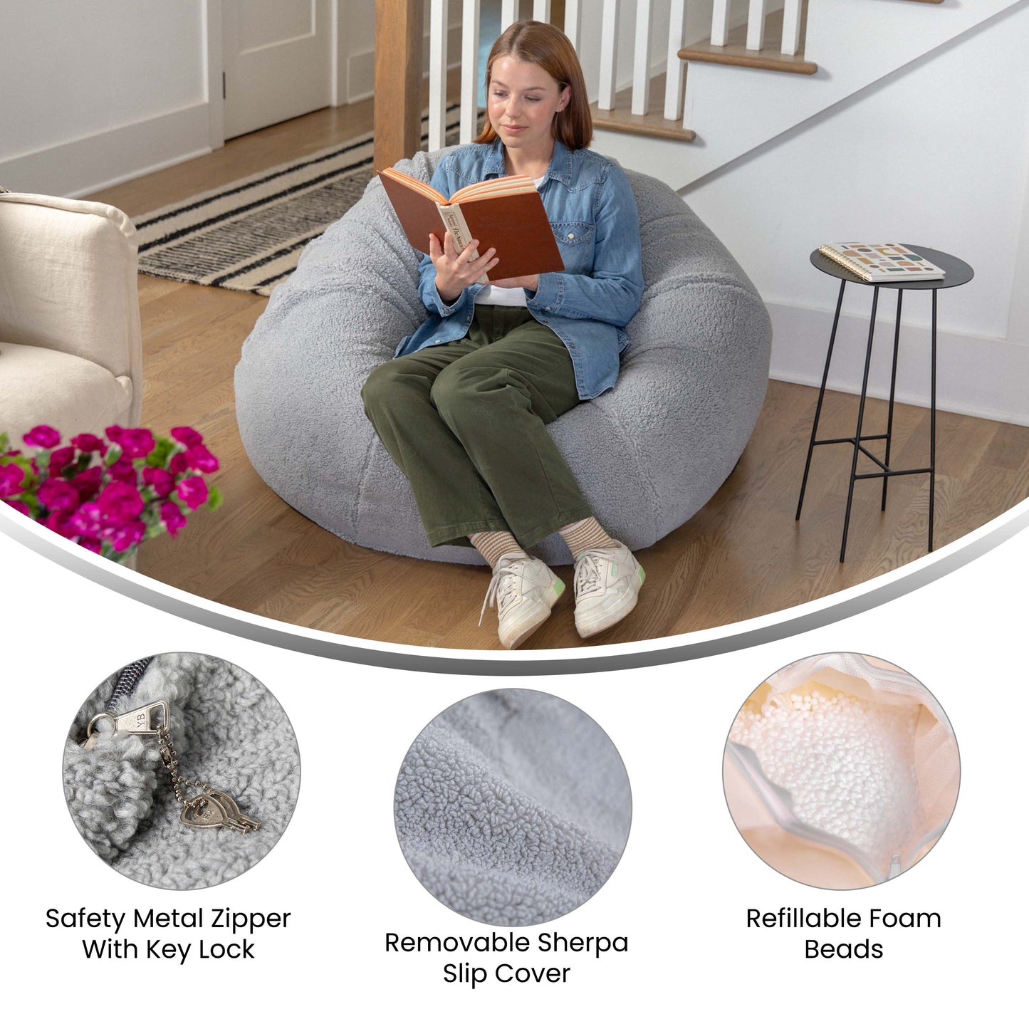 Duncan Large Gray Faux Sherpa Refillable Bean Bag Chair for Kids and Teens Gray Sherpa