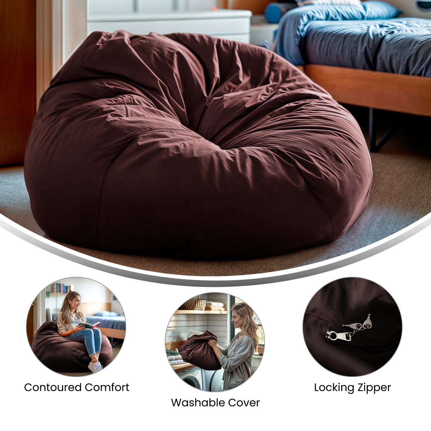 Duncan Oversized Solid Brown Refillable Bean Bag Chair for All Ages Brown