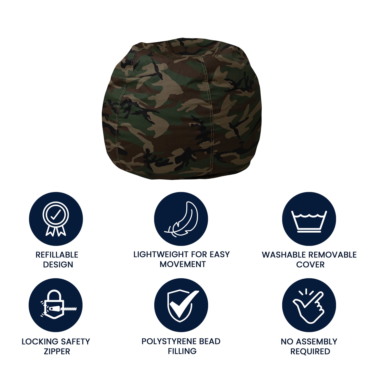 Dillon Small Camouflage Refillable Bean Bag Chair for Kids and Teens Camouflage
