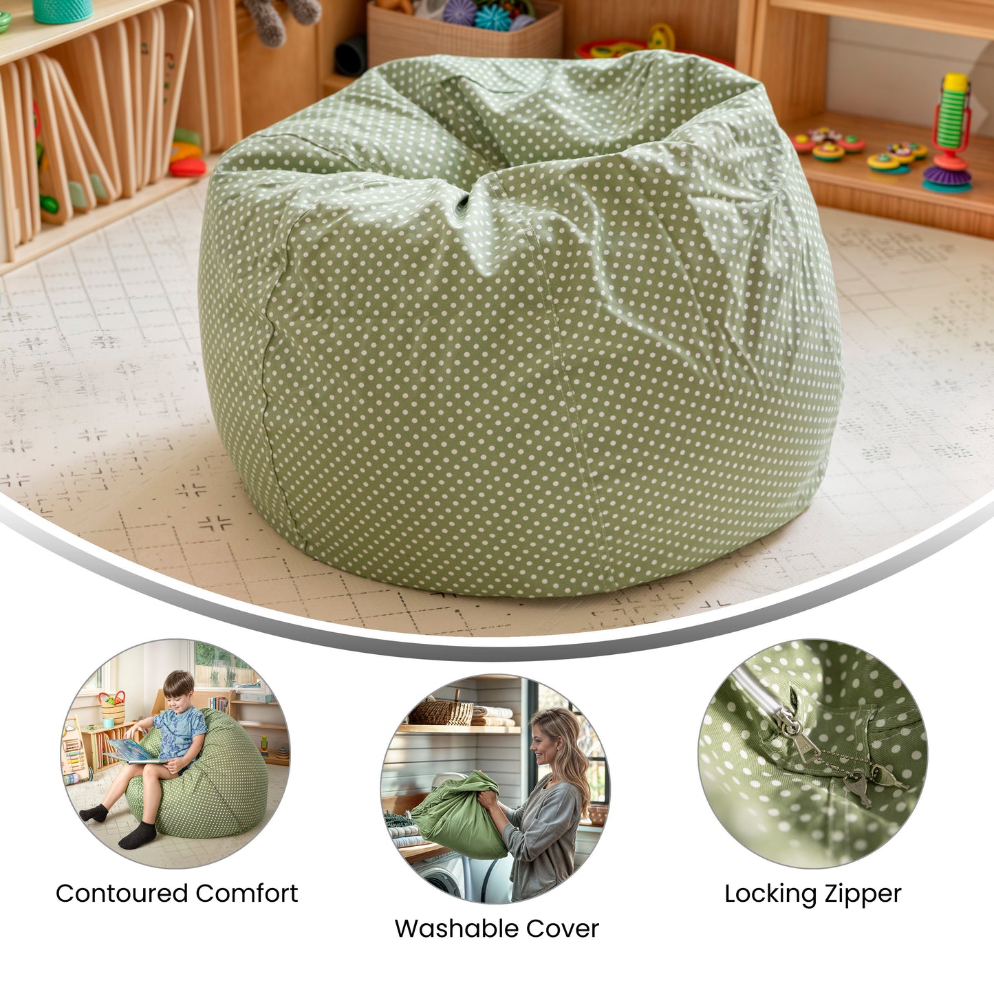 Dillon Small Green Dot Refillable Bean Bag Chair for Kids and Teens Green Dot