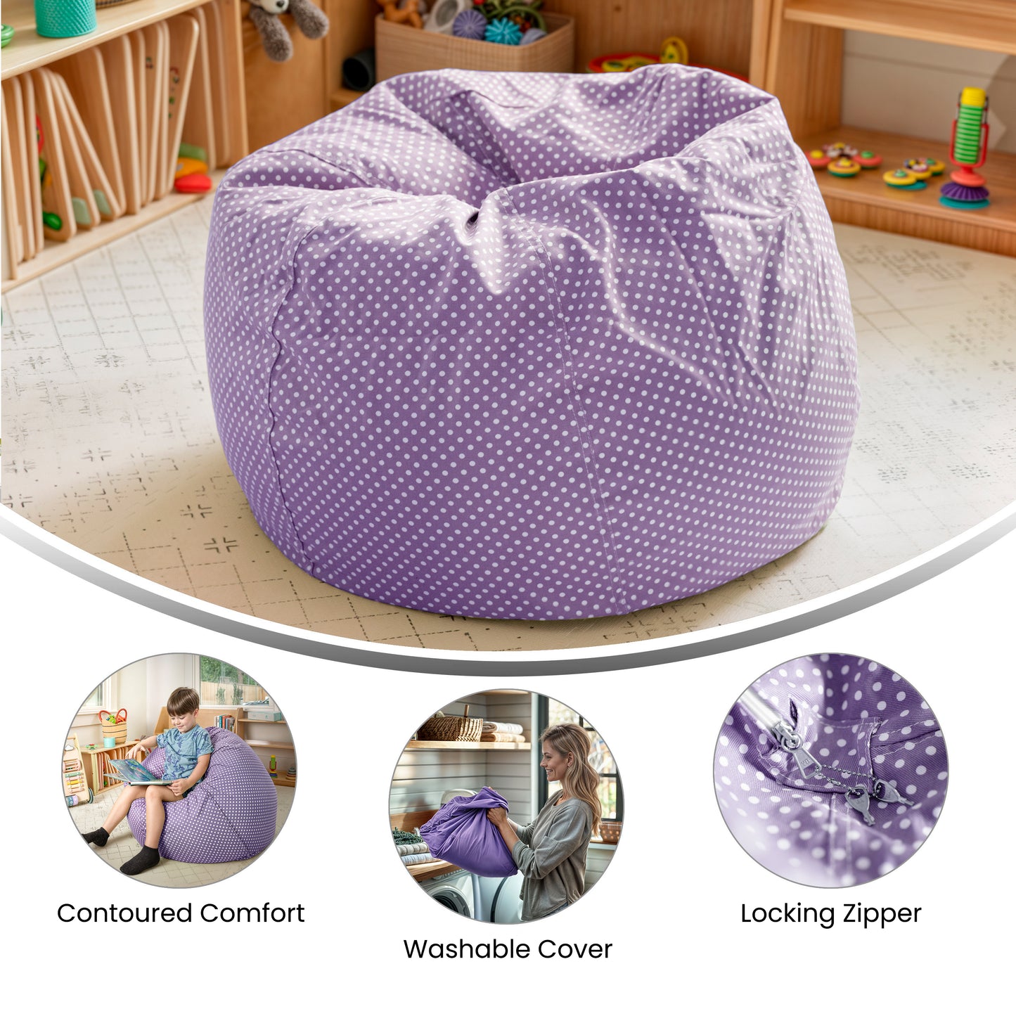 Dillon Small Lavender Dot Refillable Bean Bag Chair for Kids and Teens Lavender Dot