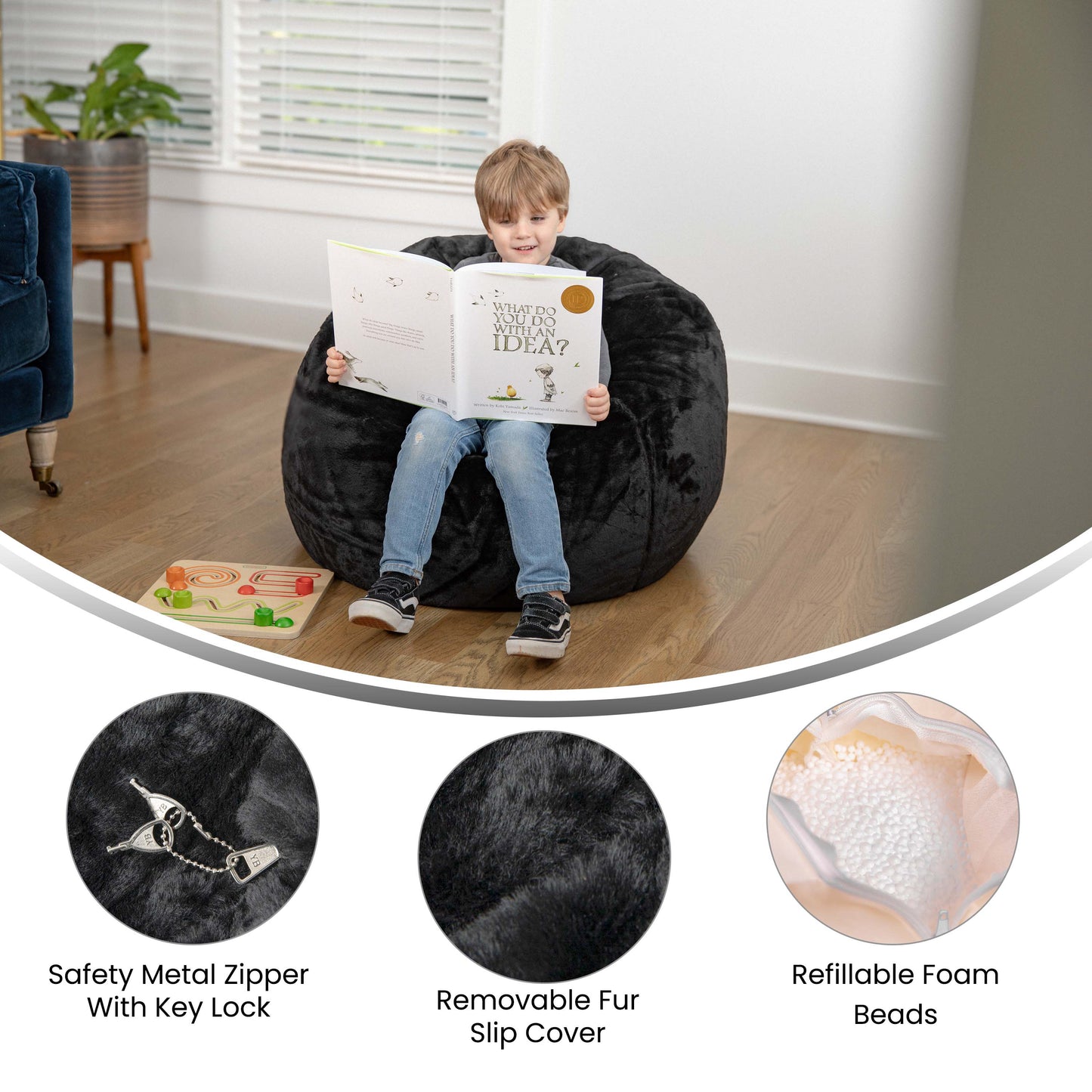 Dillon Small Black Furry Refillable Bean Bag Chair for Kids and Teens Black Furry