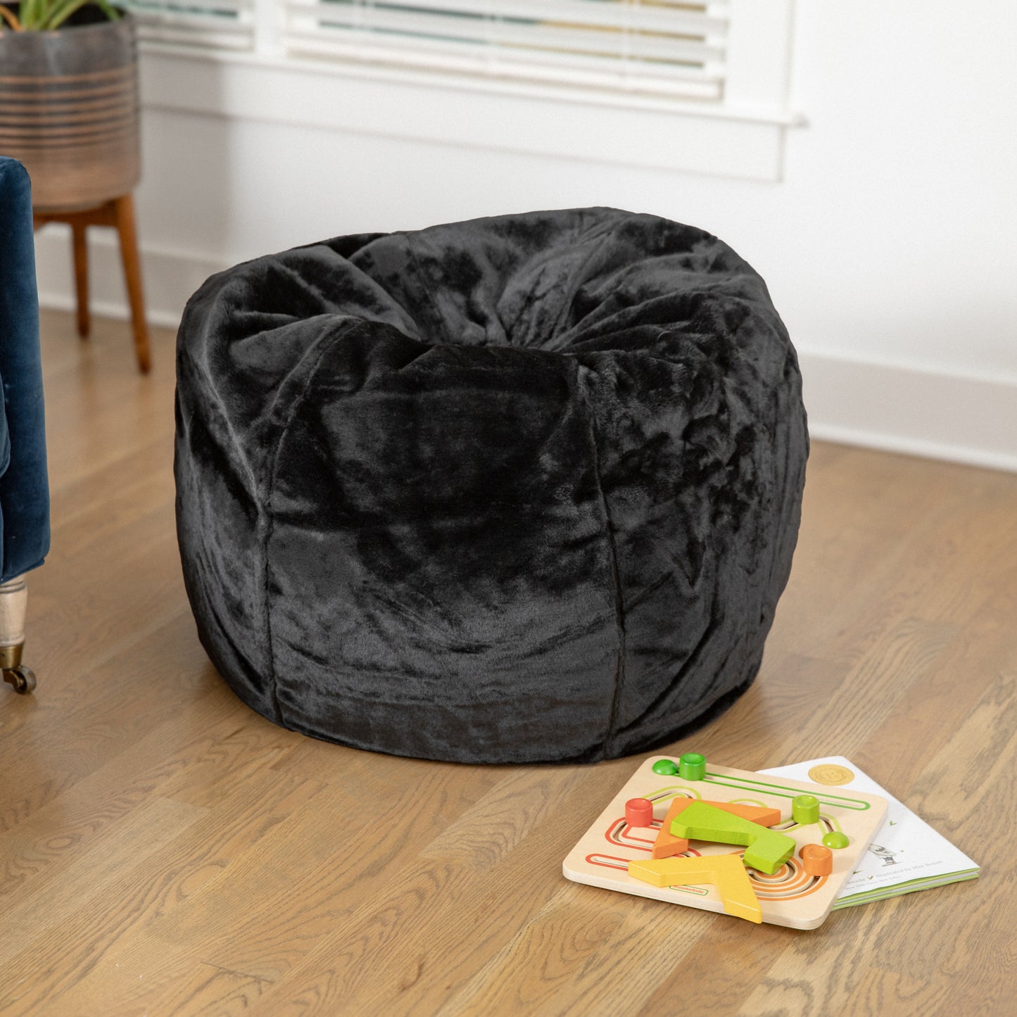 Dillon Small Black Furry Refillable Bean Bag Chair for Kids and Teens Black Furry