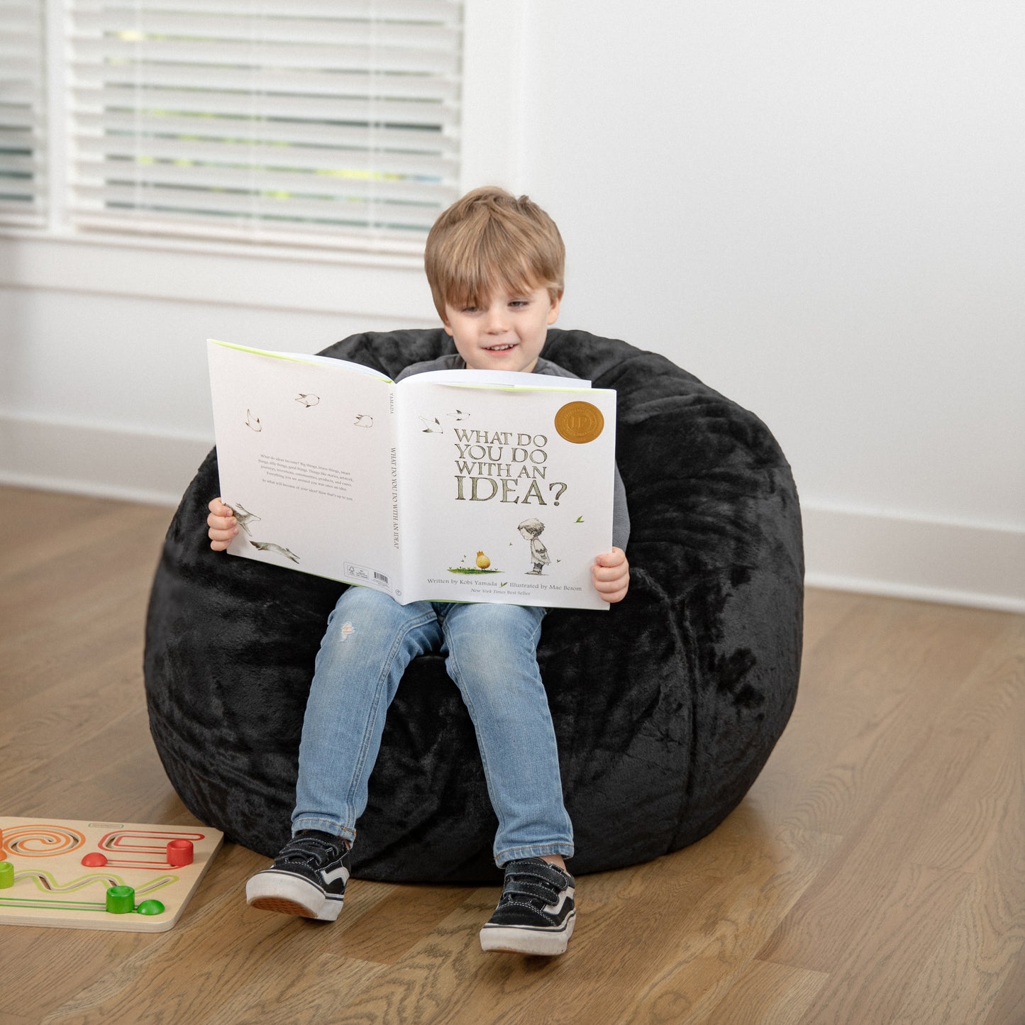 Dillon Small Black Furry Refillable Bean Bag Chair for Kids and Teens Black Furry