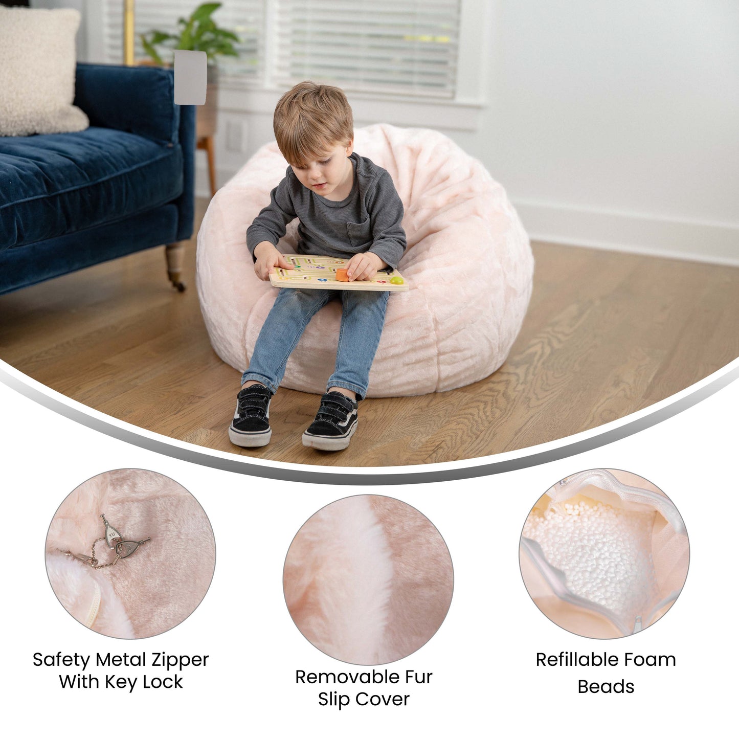Dillon Small Blush Furry Refillable Bean Bag Chair for Kids and Teens Blush Furry