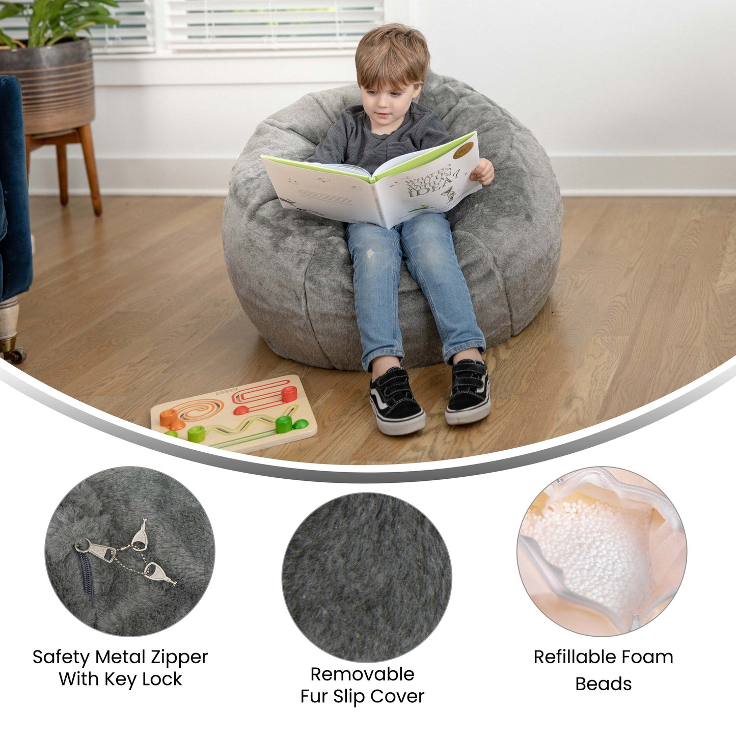 Dillon Small Gray Furry Refillable Bean Bag Chair for Kids and Teens Gray Furry