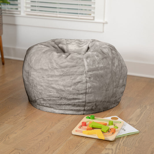Dillon Small Gray Furry Refillable Bean Bag Chair for Kids and Teens Gray Furry