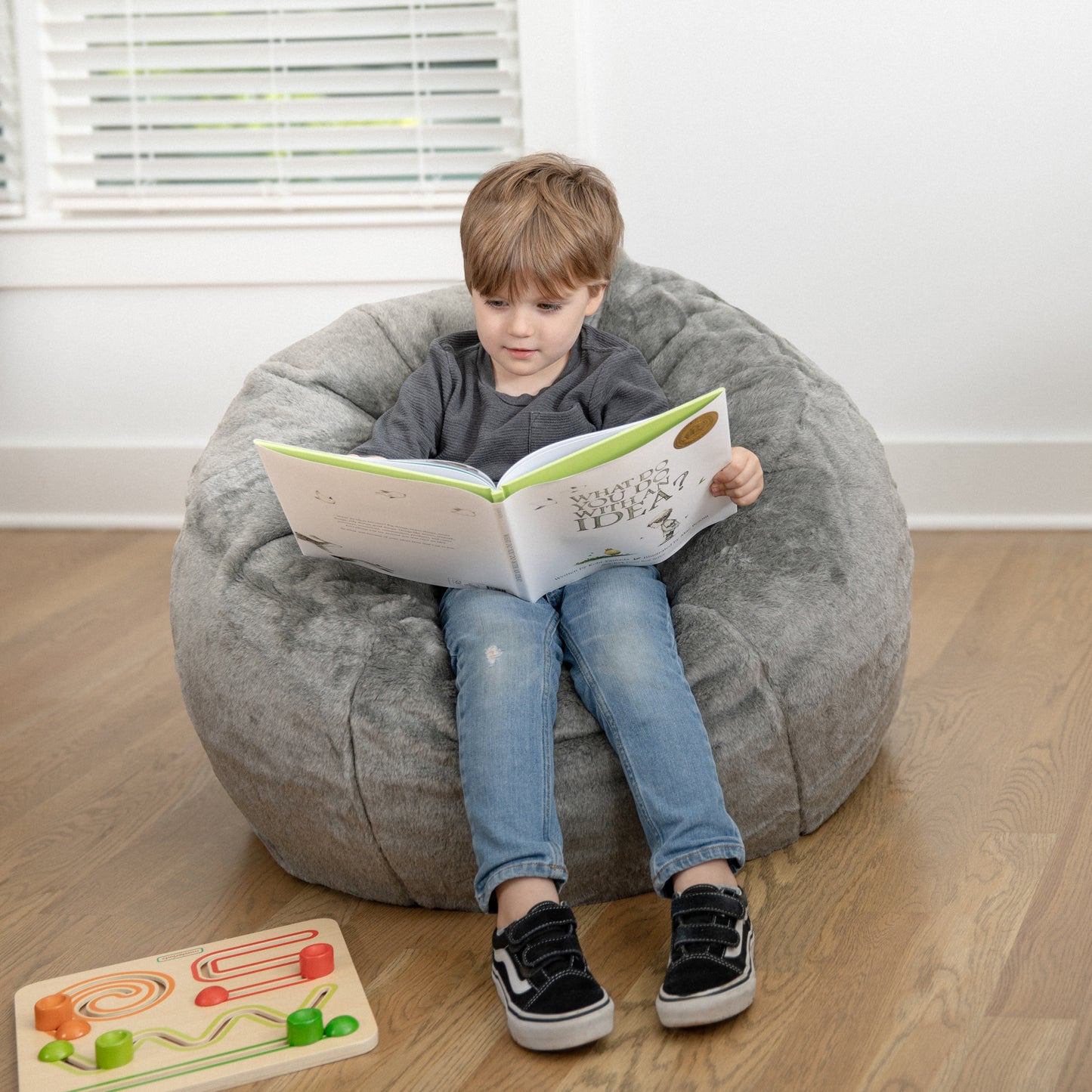 Dillon Small Gray Furry Refillable Bean Bag Chair for Kids and Teens Gray Furry