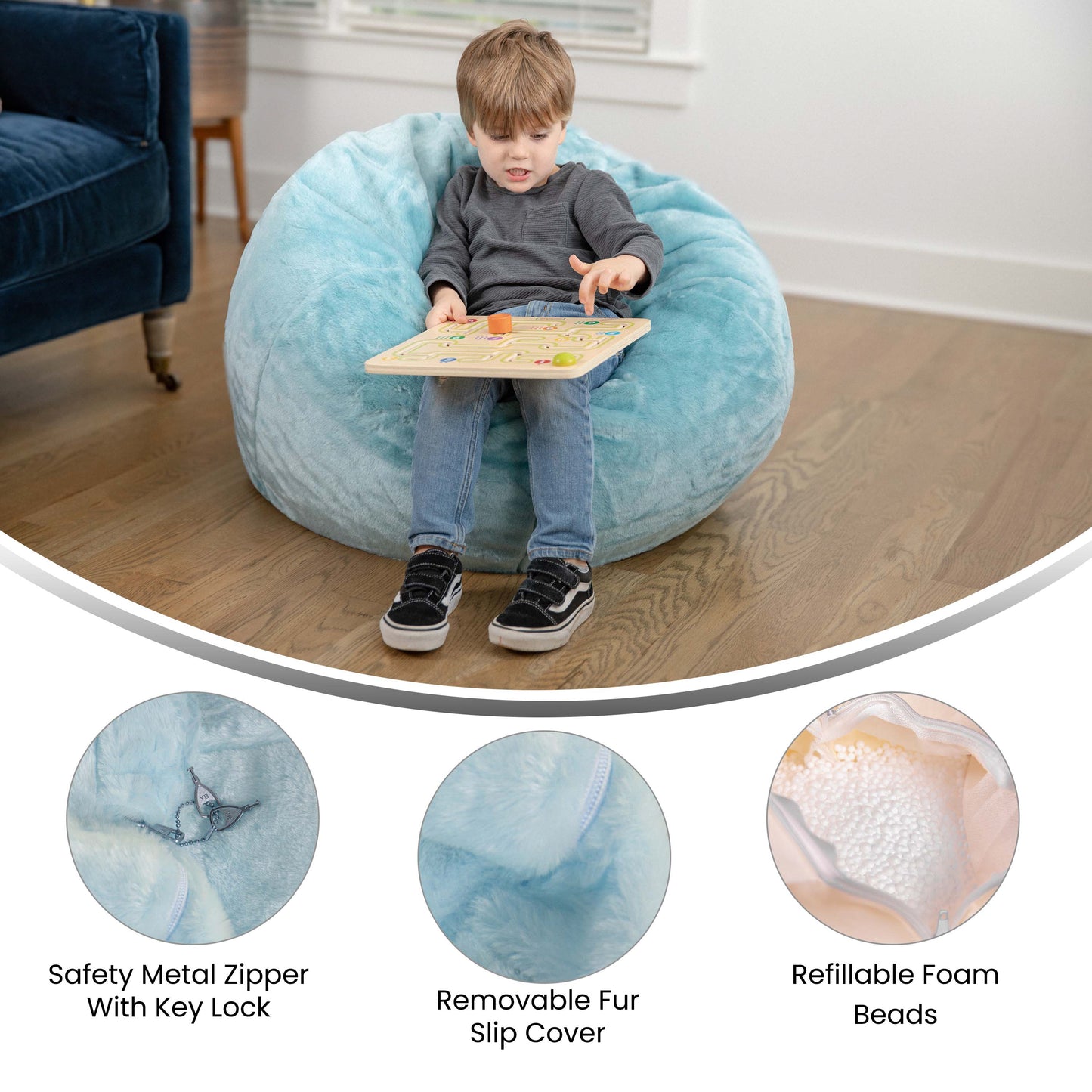 Dillon Small Teal Furry Refillable Bean Bag Chair for Kids and Teens Teal Furry