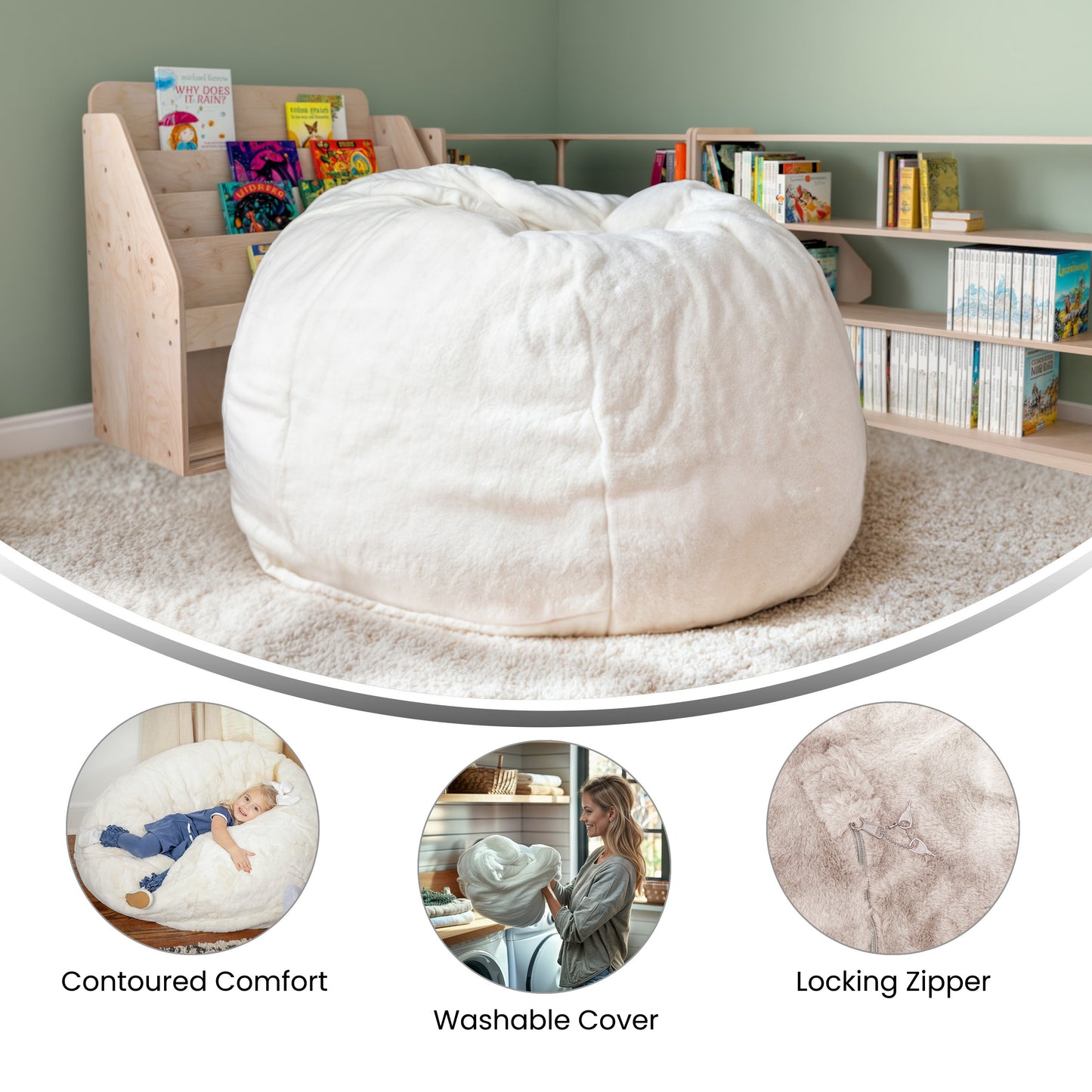 Dillon Small White Furry Refillable Bean Bag Chair for Kids and Teens White Furry