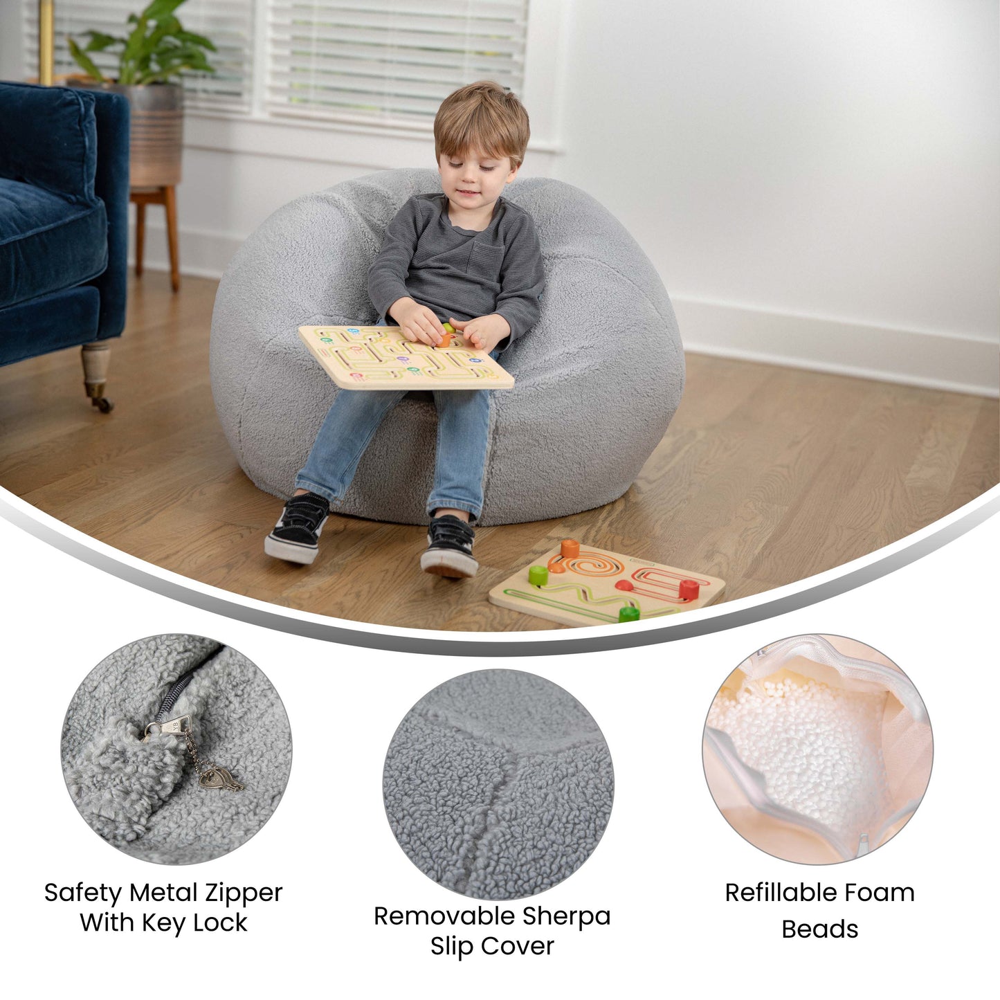 Dillon Small Gray Faux Sherpa Refillable Bean Bag Chair for Kids and Teens Gray Sherpa