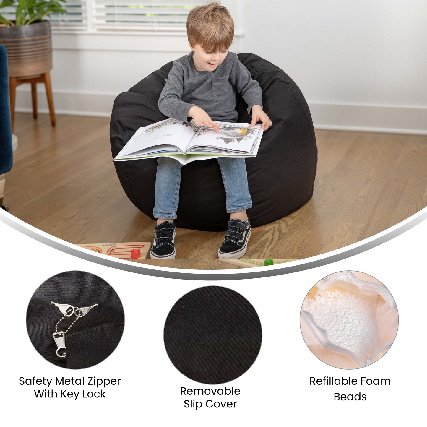 Dillon Small Solid Black Refillable Bean Bag Chair for Kids and Teens Black