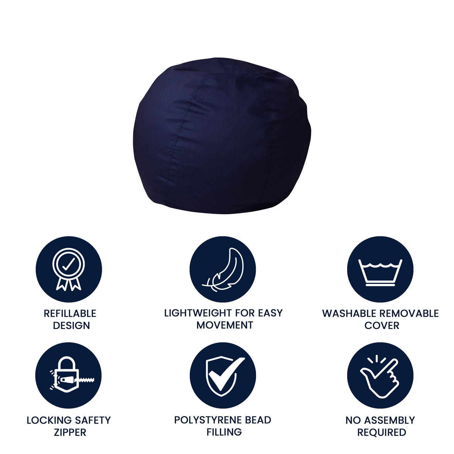 Dillon Small Solid Navy Blue Refillable Bean Bag Chair for Kids and Teens Navy Blue