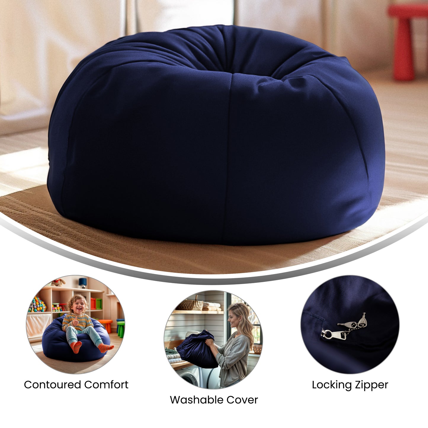 Dillon Small Solid Navy Blue Refillable Bean Bag Chair for Kids and Teens Navy Blue
