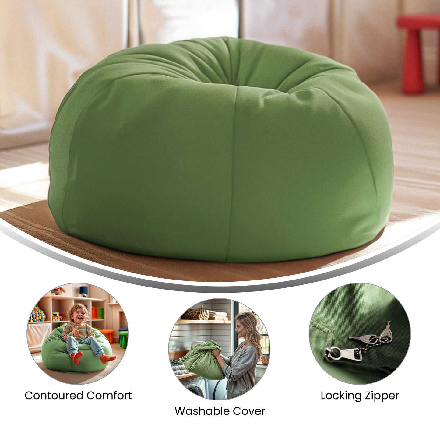 Dillon Small Solid Green Refillable Bean Bag Chair for Kids and Teens Green