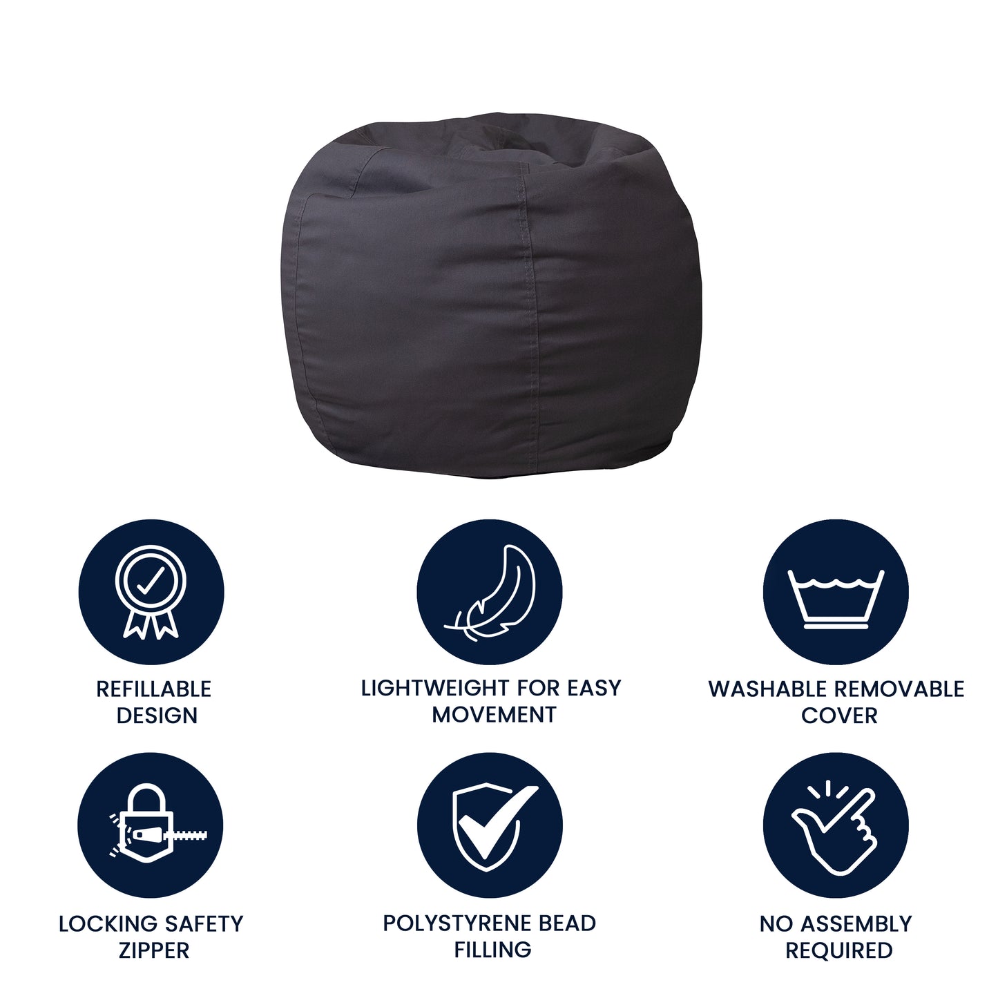 Dillon Small Solid Gray Refillable Bean Bag Chair for Kids and Teens Gray